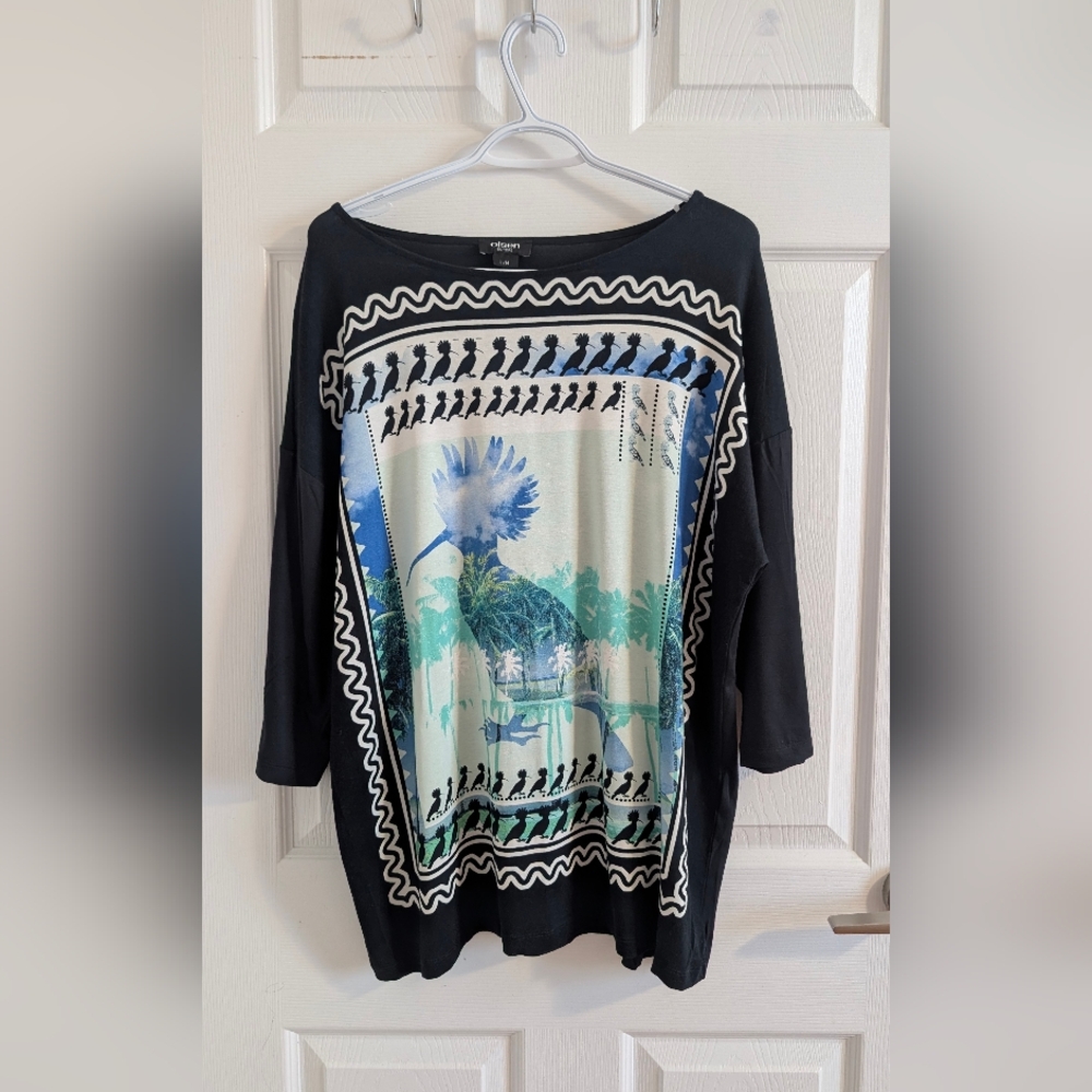 Olsen Europe Dark Blue Hoopoe Bird Tropical Print Top Boat Neck 3/4 Sleeve L/14